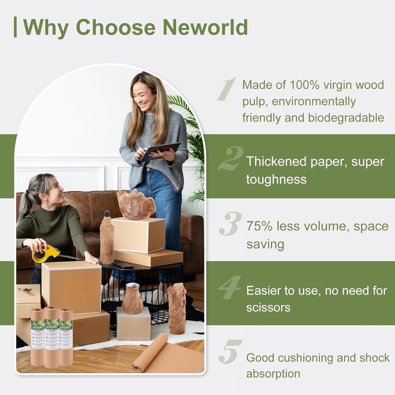NEWorld ورق تعبئة على شكل خلية نحل، غلاف فقاعي صديق للبيئة للتغليف، ورق تغليف للمنتجات والهدايا، مادة تعبئة قابلة لإعادة التدوير (15 بوصة × 50 قدم) مع 20 ملصق علامة هشة - Image 5